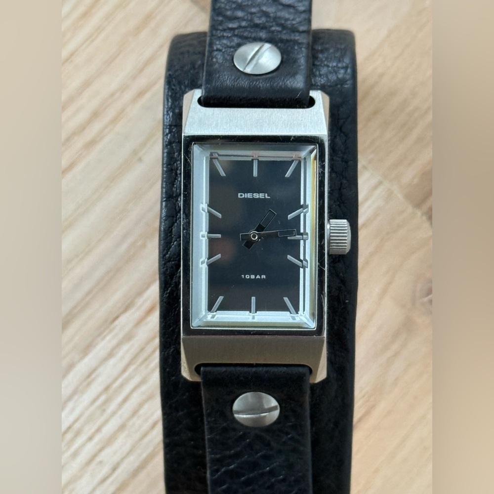 Diesel Leather Cuff Watch Mirrored Rectangular Dial Black Strap Gunmetal Case